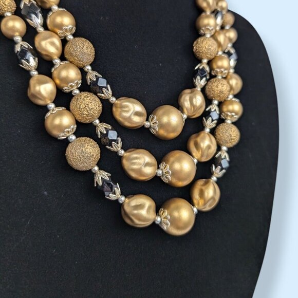 V. 3-Strand Gold & Black Beaded Statement Necklace - Picture 3 of 5